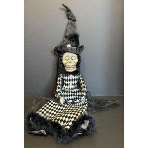 Skeleton Witch Doll W/ Black & White Harlequin Dress Diamond Eyes Faux Fur Curly